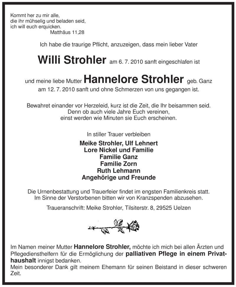  Traueranzeige für Hannelore Strohler vom 16.07.2010 aus ALLGEMEINE ZEITUNG UELZEN