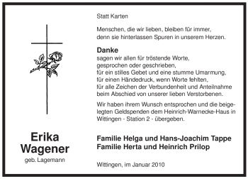 Traueranzeige von Erika Wagener von ALLGEMEINE ZEITUNG UELZEN