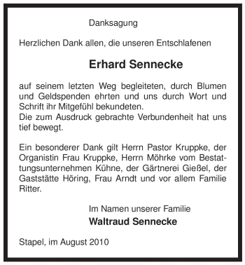 Traueranzeige von Erhard Sennecke von ALLGEMEINE ZEITUNG UELZEN