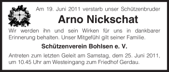 Traueranzeige von Arno Nickschat von ALLGEMEINE ZEITUNG UELZEN