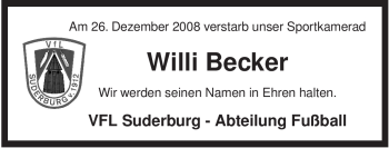 Traueranzeige von Willi Becker von ALLGEMEINE ZEITUNG UELZEN