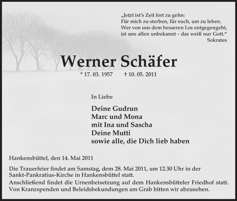  Traueranzeige für Werner Schäfer vom 14.05.2011 aus ALLGEMEINE ZEITUNG UELZEN