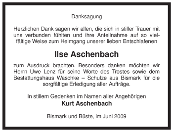 Traueranzeige von Ilse Aschenbach von ALLGEMEINE ZEITUNG UELZEN