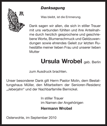 Traueranzeige von Ursula Wrobel von ALLGEMEINE ZEITUNG UELZEN