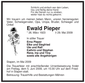 Traueranzeige von Ewald Pieper von ALLGEMEINE ZEITUNG UELZEN