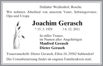 Traueranzeige von Joachim Gerasch von ALLGEMEINE ZEITUNG UELZEN