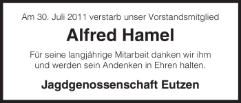 Traueranzeige von Alfred Hamel von ALLGEMEINE ZEITUNG UELZEN