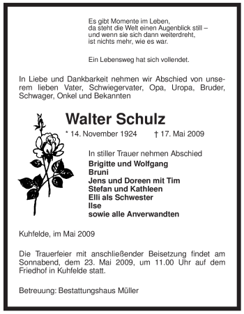 Traueranzeige von Walter Schulz von ALLGEMEINE ZEITUNG UELZEN