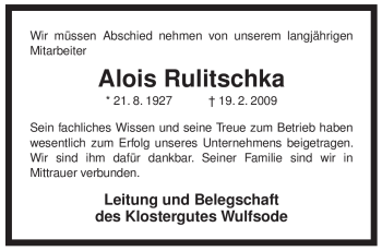 Traueranzeige von Alois Rulitschka von ALLGEMEINE ZEITUNG UELZEN