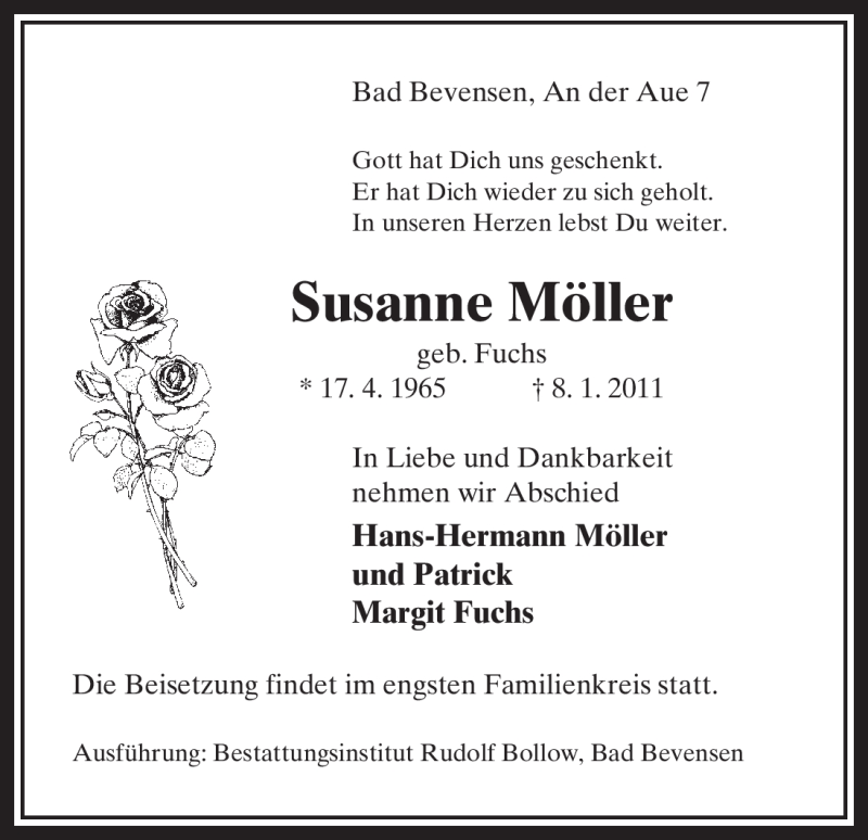  Traueranzeige für Susanne Möller vom 11.01.2011 aus ALLGEMEINE ZEITUNG UELZEN