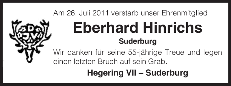  Traueranzeige für Eberhard Hinrichs vom 28.07.2011 aus ALLGEMEINE ZEITUNG UELZEN