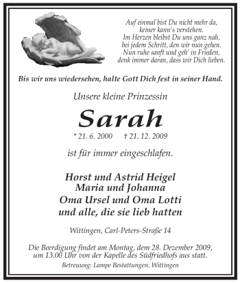 Traueranzeige von Sarah Unbekannt von ALLGEMEINE ZEITUNG UELZEN