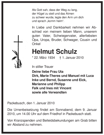 Traueranzeige von Helmut Schulz von ALLGEMEINE ZEITUNG UELZEN