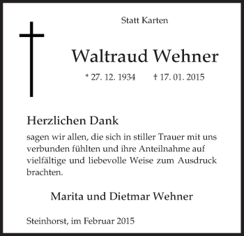 Traueranzeige von Waltraud Wehner von Uelzen