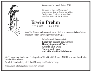 Traueranzeige von Erwin Prehm von ALLGEMEINE ZEITUNG UELZEN