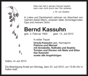 Traueranzeige von Bernd Kassuhn von ALLGEMEINE ZEITUNG UELZEN