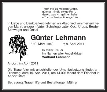 Traueranzeige von Günter Lehmann von ALLGEMEINE ZEITUNG UELZEN