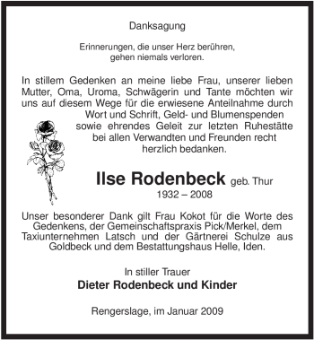 Traueranzeige von Ilse Rodenbeck von ALLGEMEINE ZEITUNG UELZEN