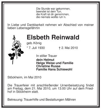 Traueranzeige von Elsbeth Reinwald von ALLGEMEINE ZEITUNG UELZEN