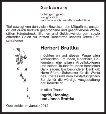 Traueranzeige von Herbert Brattka von ALLGEMEINE ZEITUNG UELZEN