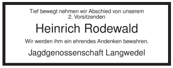 Traueranzeige von Heinrich Rodewald von ALLGEMEINE ZEITUNG UELZEN