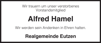 Traueranzeige von Alfred Hamel von ALLGEMEINE ZEITUNG UELZEN