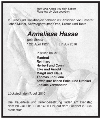 Traueranzeige von Anneliese Hasse von ALLGEMEINE ZEITUNG UELZEN