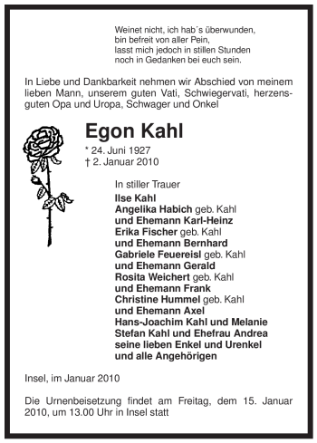 Traueranzeige von Egon Kahl von ALLGEMEINE ZEITUNG UELZEN