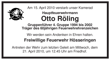 Traueranzeige von Otto Röling von ALLGEMEINE ZEITUNG UELZEN
