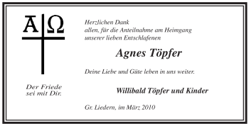 Traueranzeige von Agnes Töpfer von ALLGEMEINE ZEITUNG UELZEN