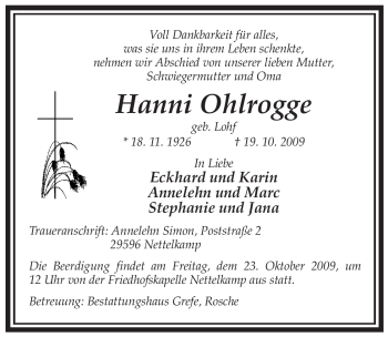 Traueranzeige von Hanni Ohlrogge von ALLGEMEINE ZEITUNG UELZEN