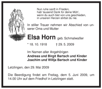 Traueranzeige von Elsa Horn von ALLGEMEINE ZEITUNG UELZEN