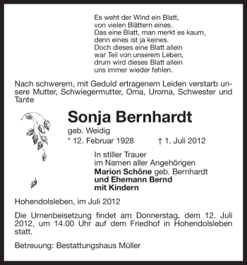 Traueranzeige von Sonja Bernhardt von ALLGEMEINE ZEITUNG UELZEN