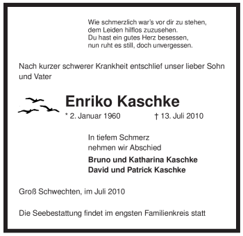 Traueranzeige von Enriko Kaschke von ALLGEMEINE ZEITUNG UELZEN