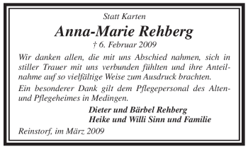 Traueranzeige von Anna-Marie Rehberg von ALLGEMEINE ZEITUNG UELZEN