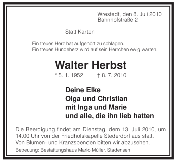 Traueranzeige von Walter Herbst von ALLGEMEINE ZEITUNG UELZEN