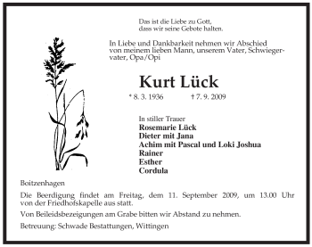 Traueranzeige von Kurt Lück von ALLGEMEINE ZEITUNG UELZEN