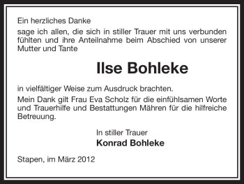 Traueranzeige von Ilse Bohleke von ALLGEMEINE ZEITUNG UELZEN