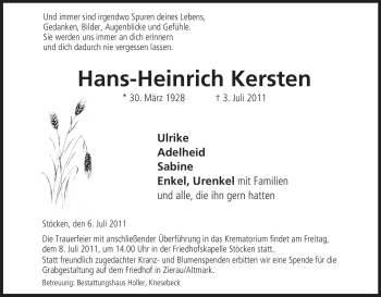 Traueranzeige von Hans-Heinrich Kersten von ALLGEMEINE ZEITUNG UELZEN