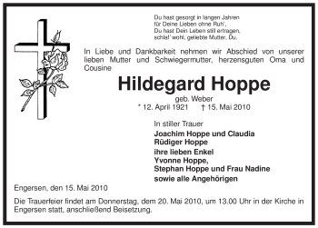 Traueranzeige von Hildegard Hoppe von ALLGEMEINE ZEITUNG UELZEN