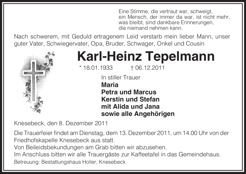  Traueranzeige für Karl-Heinz Tepelmann vom 08.12.2011 aus ALLGEMEINE ZEITUNG UELZEN