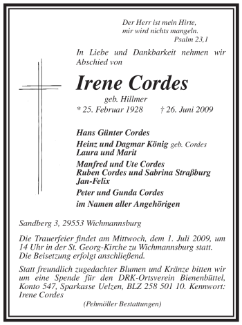 Traueranzeige von Irene Cordes von ALLGEMEINE ZEITUNG UELZEN