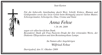 Traueranzeige von Anna Fehse von ALLGEMEINE ZEITUNG UELZEN