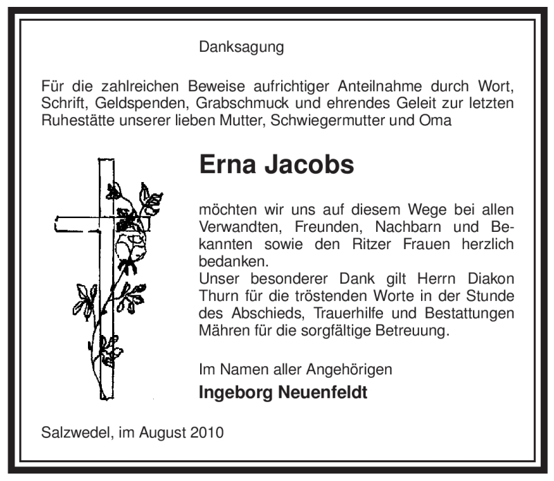  Traueranzeige für Erna Jacobs vom 21.08.2010 aus ALLGEMEINE ZEITUNG UELZEN