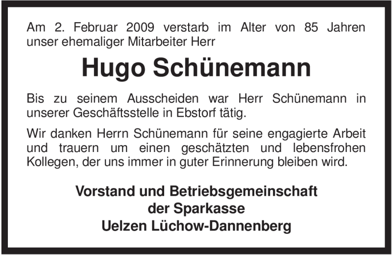  Traueranzeige für Hugo Schünemann vom 05.02.2009 aus ALLGEMEINE ZEITUNG UELZEN