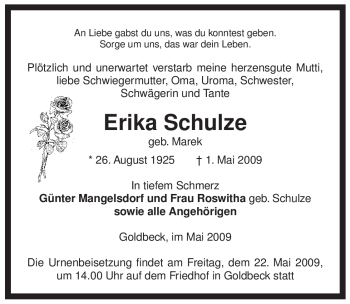 Traueranzeige von Erika Schulze von ALLGEMEINE ZEITUNG UELZEN