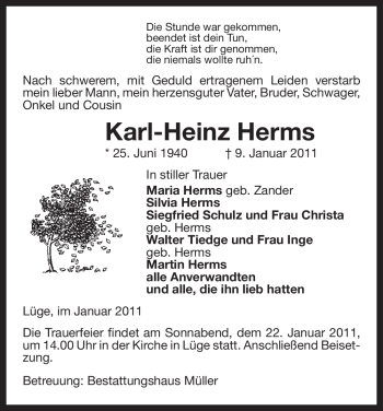 Traueranzeige von Karl-Heinz Herms von ALLGEMEINE ZEITUNG UELZEN