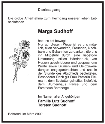 Traueranzeige von Marga Sudhoff von ALLGEMEINE ZEITUNG UELZEN