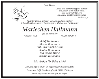 Traueranzeige von Mariechen Hallmann von ALLGEMEINE ZEITUNG UELZEN