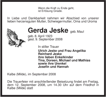 Traueranzeige von Gerda Jeske von ALLGEMEINE ZEITUNG UELZEN